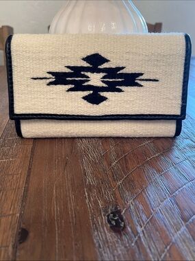 Cream and Black Geometric Fold-Over Clutch